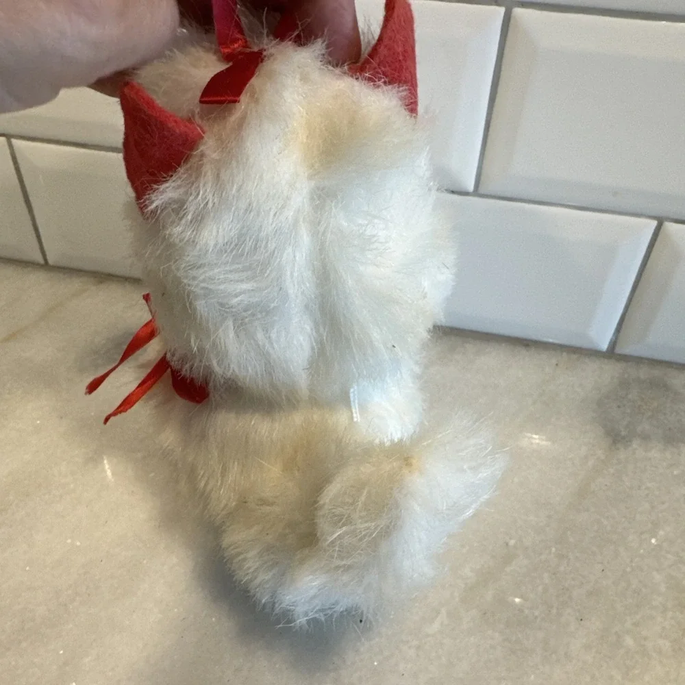 Vintage Fur‎ White Kitten 1980's Red Bow And Ears